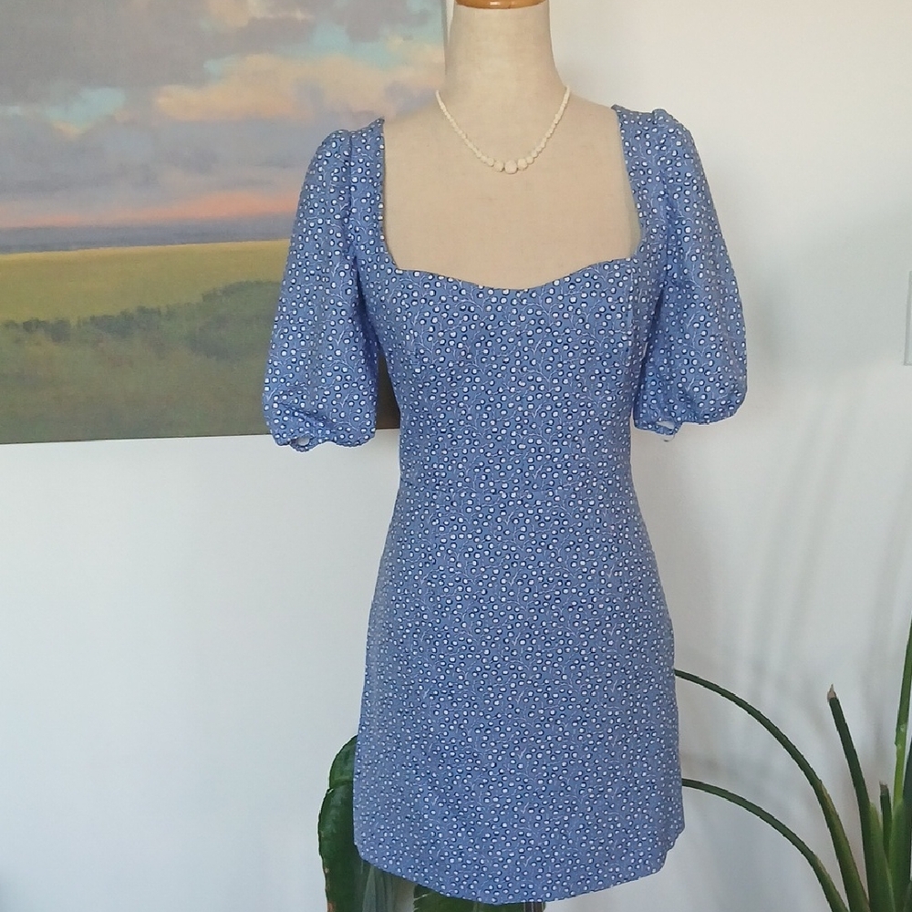 NWT French Connection "Elao" Blue Floral Puff Sleeve Mini Dress Sz 8